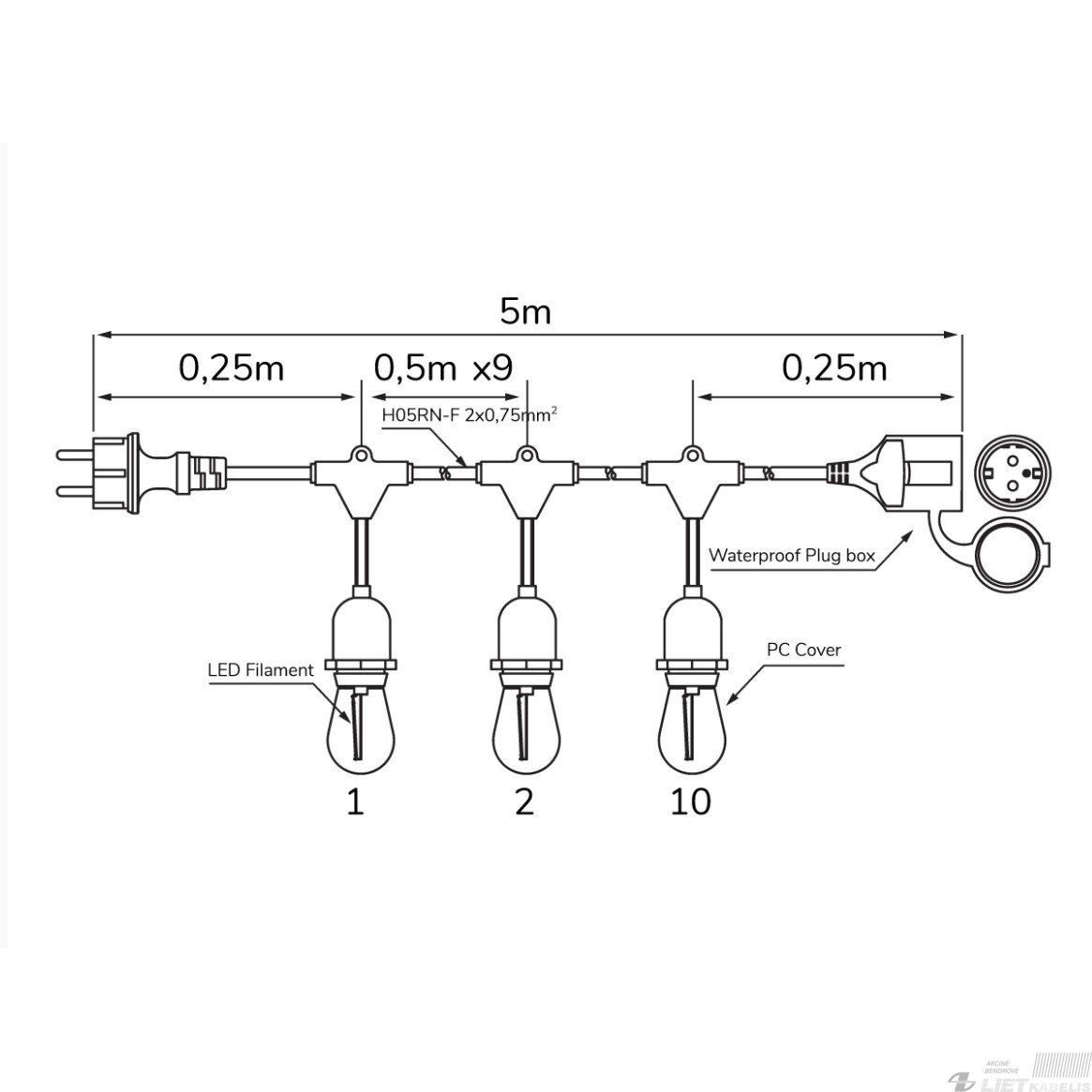 LED girlianda su 10 vnt E27 1W FILAMENT lemputėmis, šiltai balta 2700K, IP65, LEDOM 1