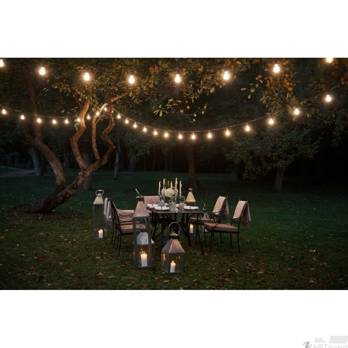 LED girlianda su 10 vnt E27 1W FILAMENT lemputėmis, šiltai balta 2700K, IP65, LEDOM 3