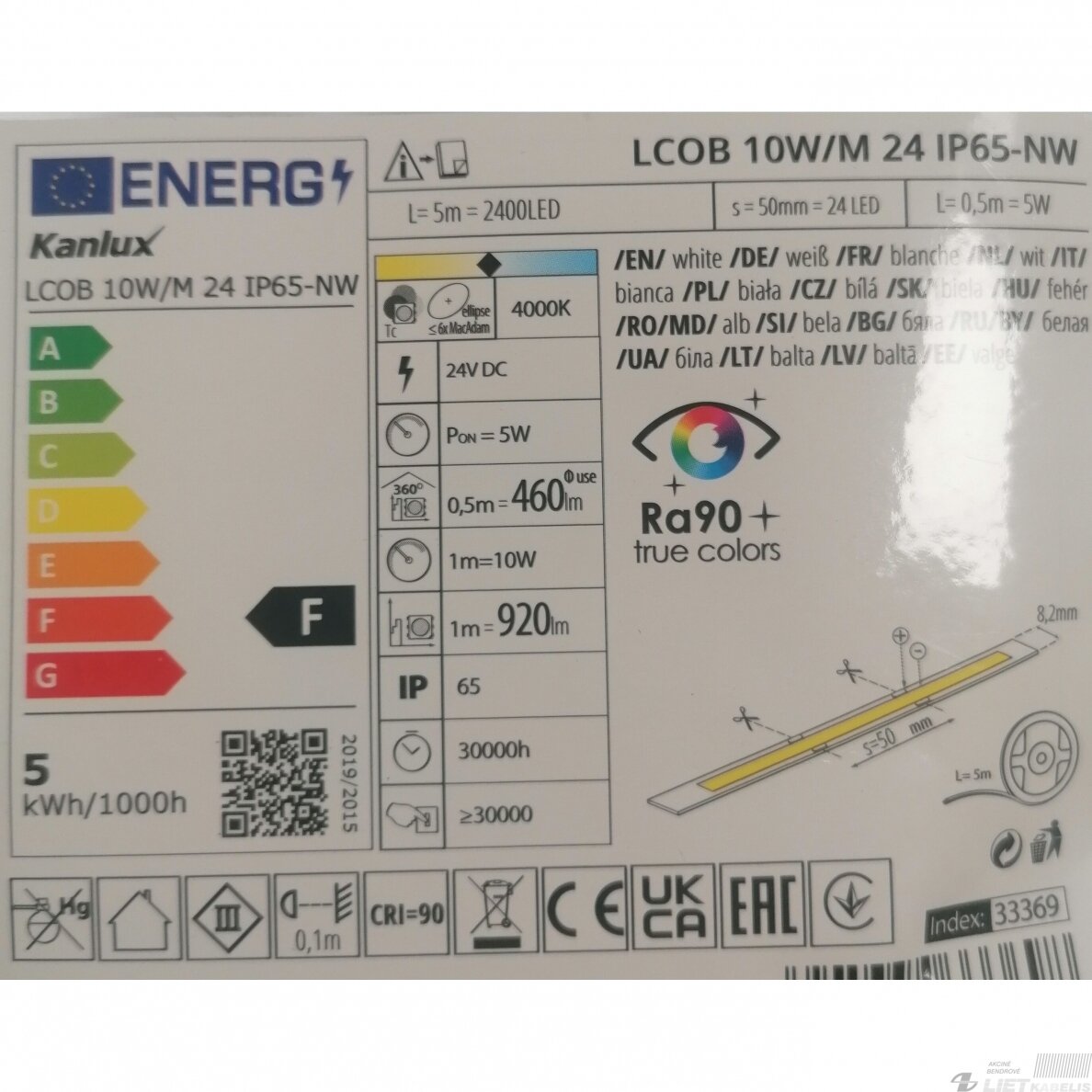 LED juosta 10W, 4000K, 460lm/W,24V, IP65, KANLUX 4