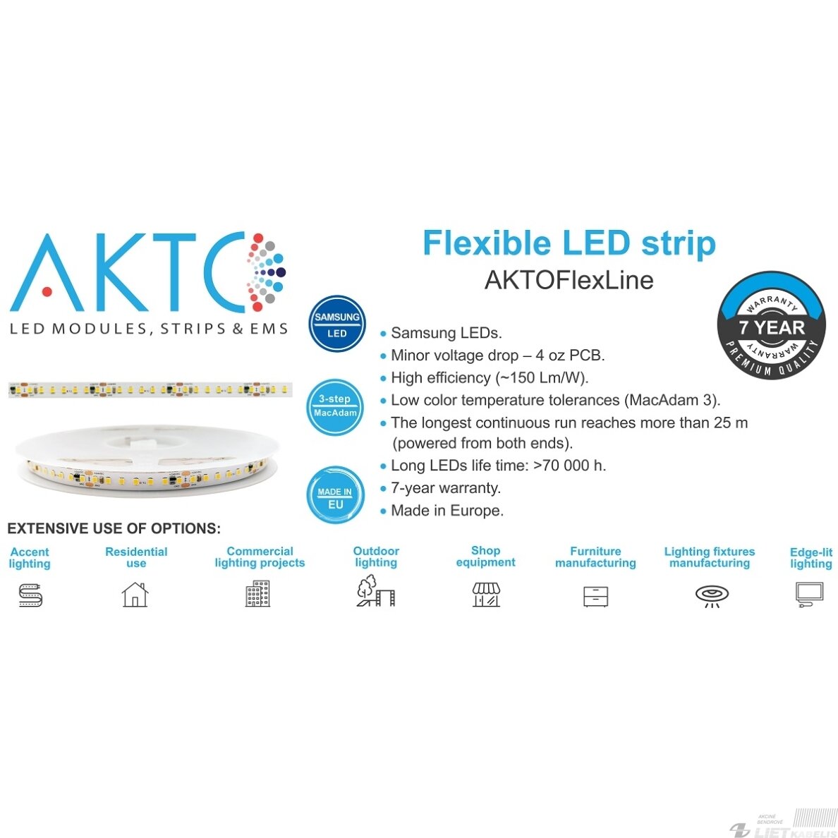 LED juosta, 24V 22W/m, IP20, šiltai balta 3000K, 3207lm/m, Samsung SMD, PREMIUM AKTO 2
