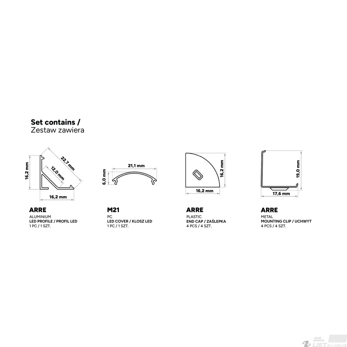 LED profilio komplektas ARRE kampinis, juodas, anoduotas, matinis dangtelis 3 m 1