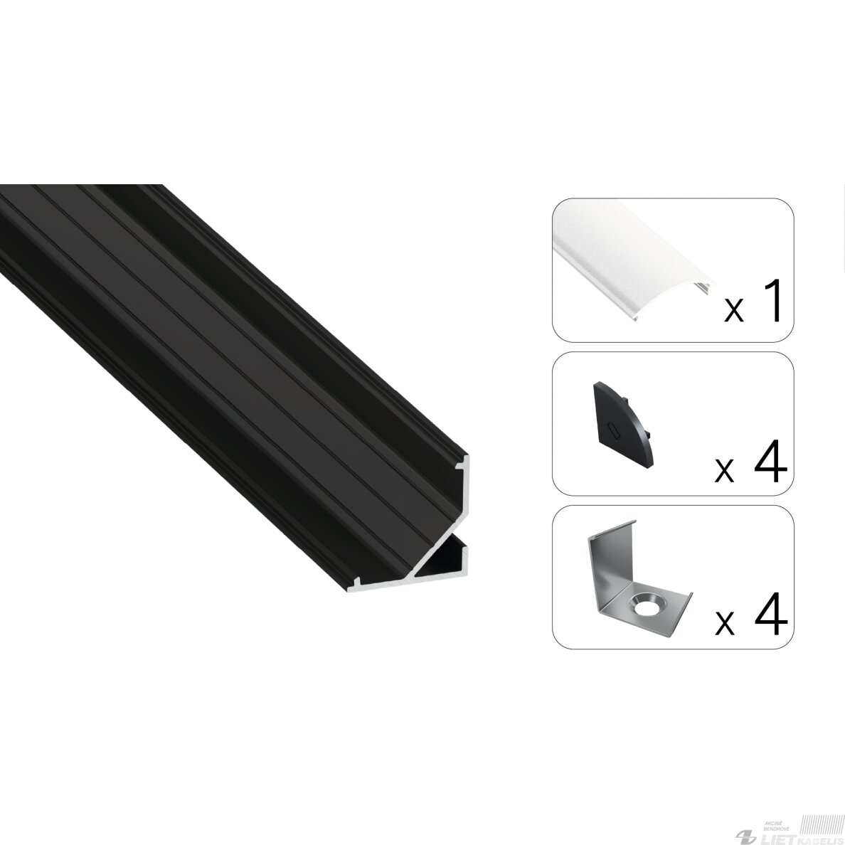 LED profilio komplektas ARRE kampinis, juodas, anoduotas, matinis dangtelis 3 m 4 LED profilio komplektas ARRE kampinis, juodas, anoduotas, matinis dangtelis 3 m 4