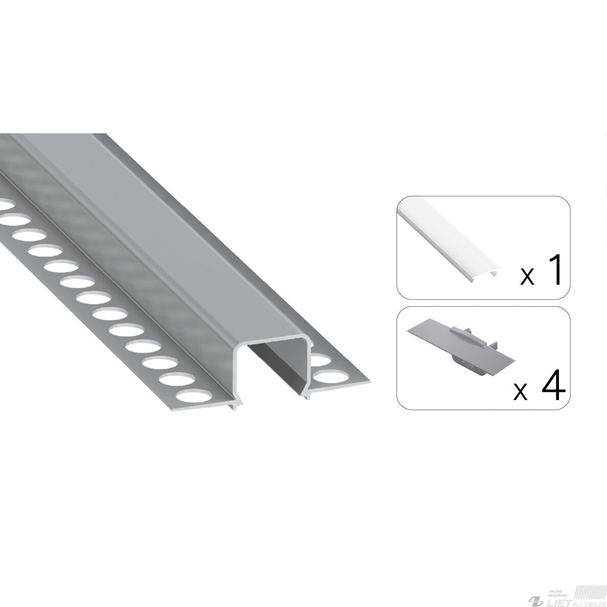 LED profilio komplektas MOSSO priglaistomas siauras, aliuminis, anoduotas, baltas dangtelis 3 m