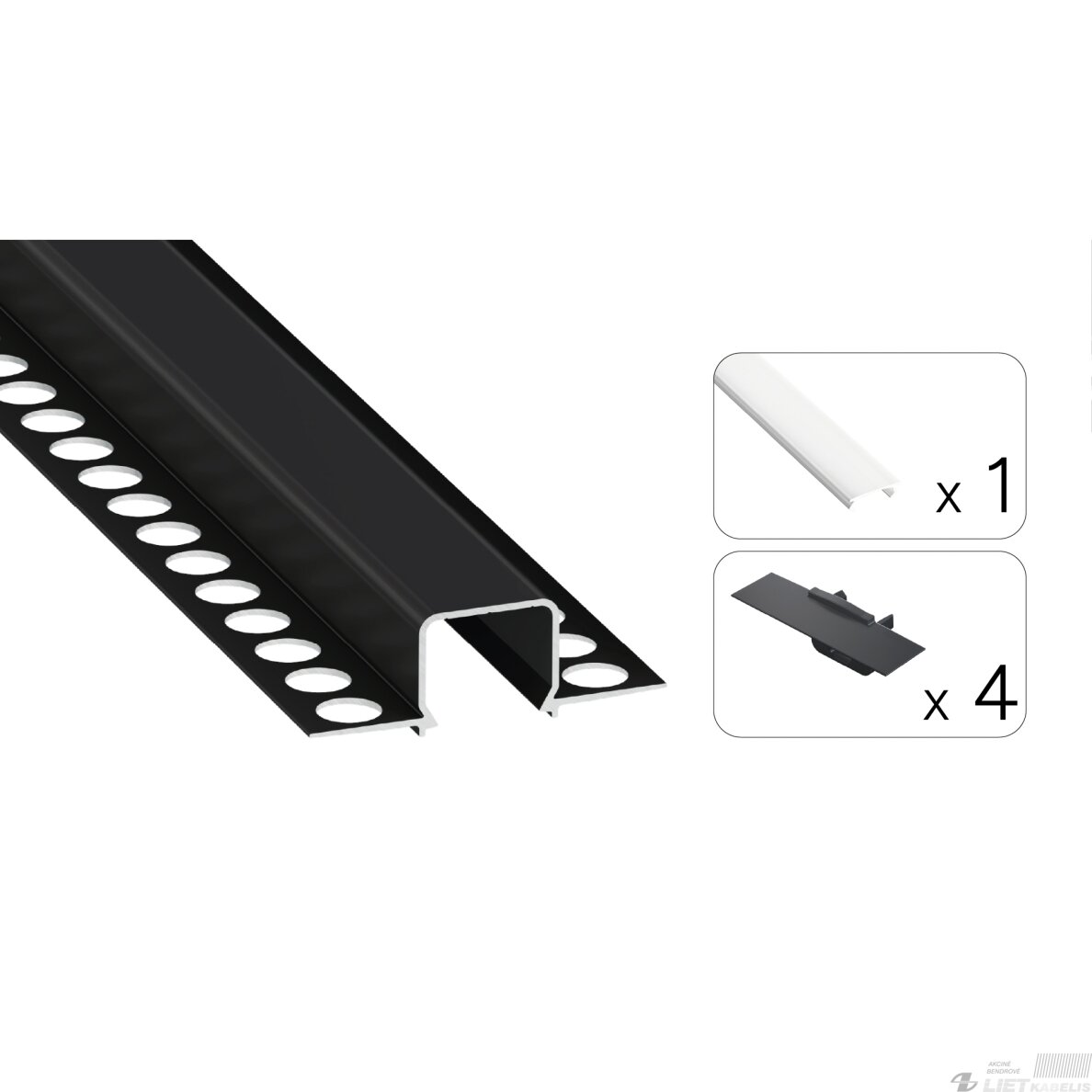 LED profilio komplektas MOSSO priglaistomas siauras, juodas, anoduotas, baltas dangtelis 3 m LED profilio komplektas MOSSO priglaistomas siauras, juodas, anoduotas, baltas dangtelis 3 m