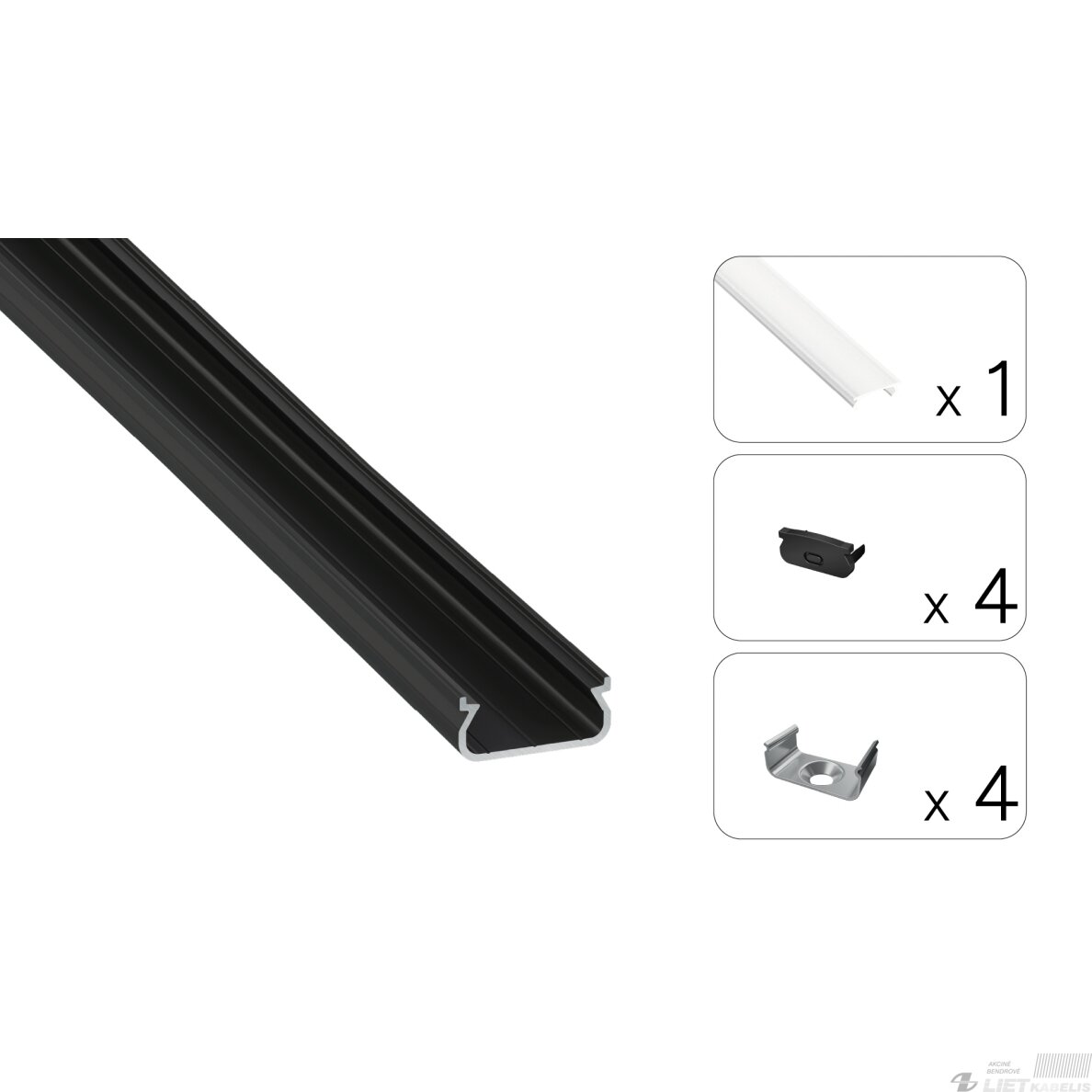LED profilio komplektas ORRE paviršinis, juodas, anoduotas, matinis dangtelis 2.02 m