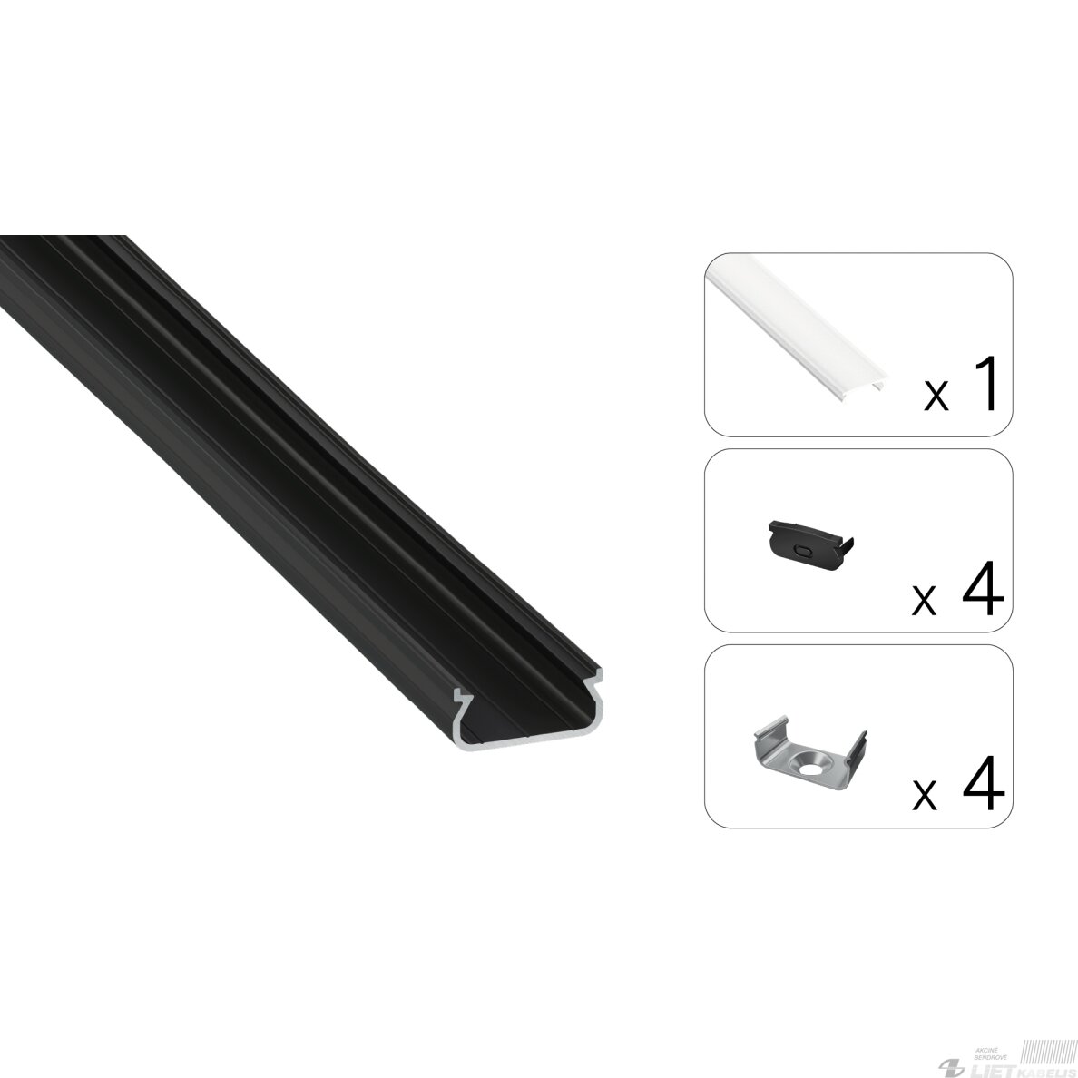LED profilio komplektas ORRE paviršinis, juodas, anoduotas, matinis dangtelis 3 m