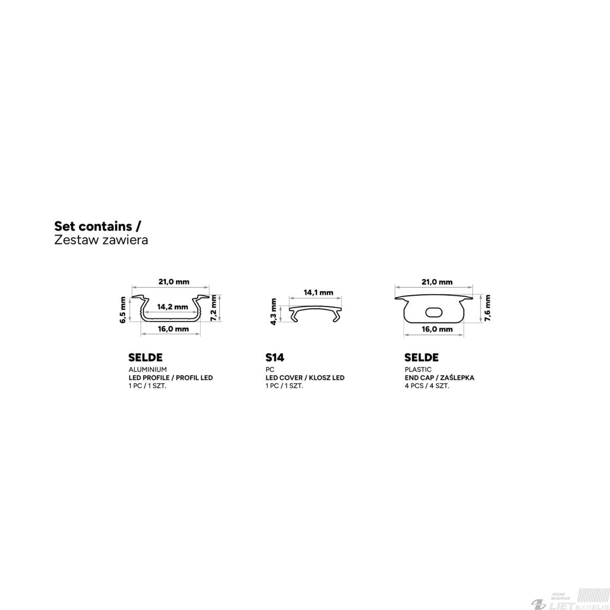 LED profilio komplektas SELDE įleidžiamas, aliuminis, anoduotas, matinis dangtelis 2.02 m 4