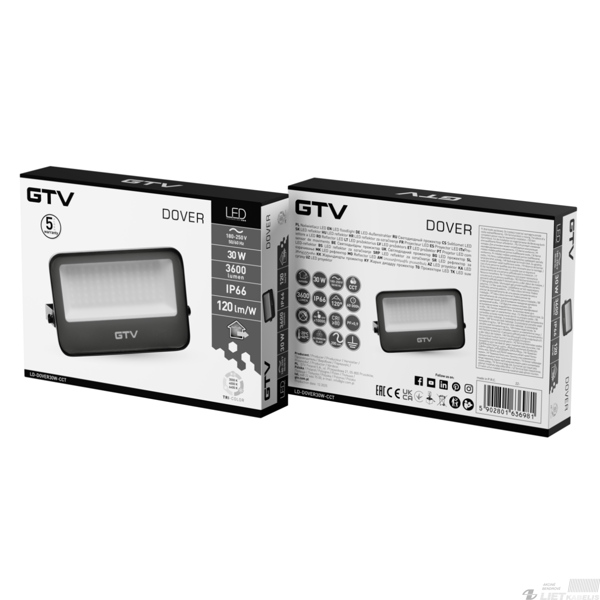 LED prožektorius DOVER  30W, 3600lm, 3000-6400K, CCT, pilkas, IP65, GTV 1