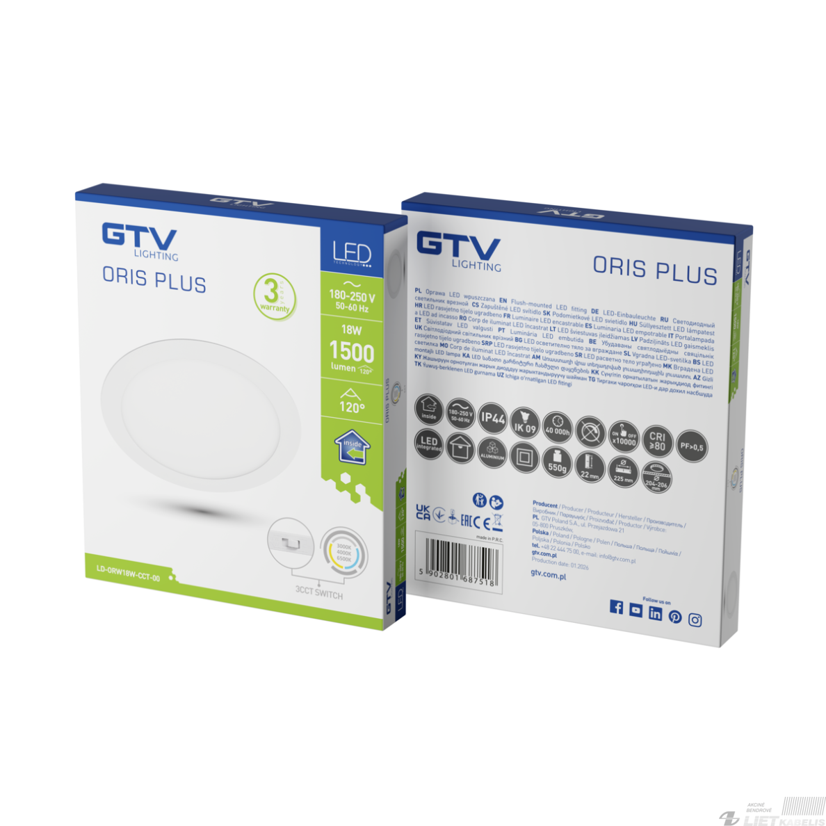 LED šviestuvas ORIS 18W, 3000-6500K, 1500lm, CCT, IP44, GTV 1 LED šviestuvas ORIS 18W, 3000-6500K, 1500lm, CCT, IP44, GTV 1