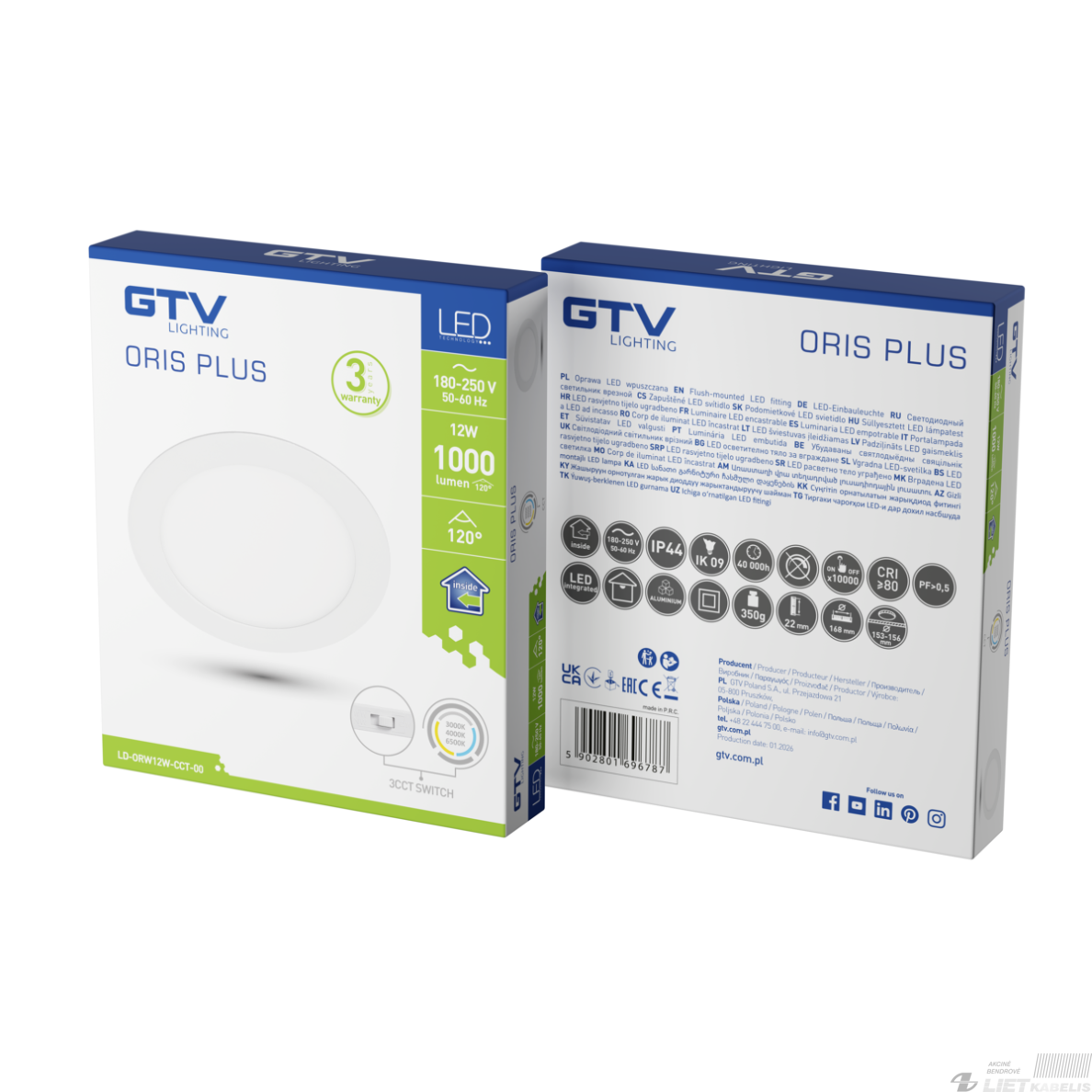 LED šviestuvas ORIS PLIUS  12W, 300-65000K, 1000lm, CCT, IP44, GTV 1