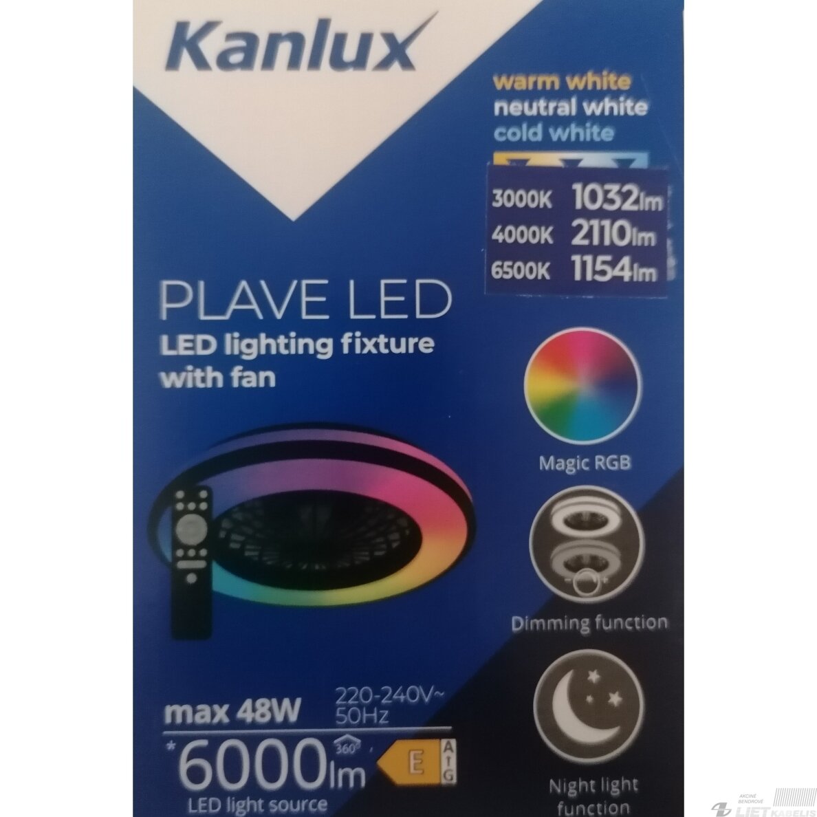LED šviestuvas PLAVE CCT + RGB su ventiliatoriumi, 48W, 3000-6500K, dimeriuojamas, IP20, KANLUX 4