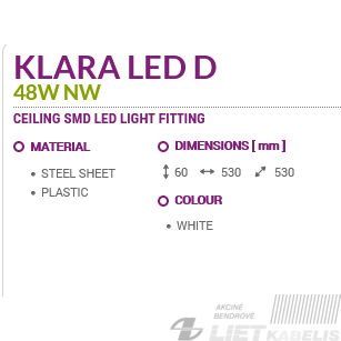 LED šviestuvas KLARA 48W, 4000K, 2955LM, IP44 kvadratinis banguotas, Struhm 1