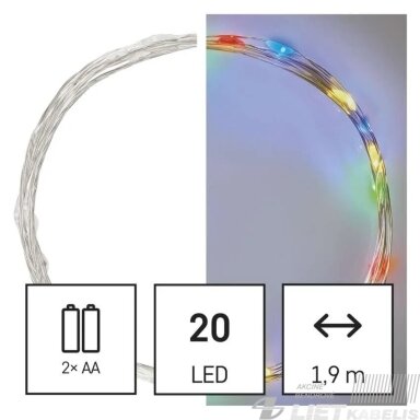 LED girlianda NANO, 3Vac (2xAA), 1.9m, 20 x LED, įvairių spalvų LED, su laikmačiu, EMOS