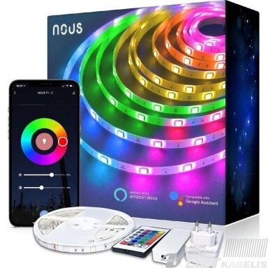 LED juostos komplektas su Wi-Fi valdikliu ir maitinimo šaltiniu, RGB, 5m, 24W, TUYA / Smart Life, NOUS