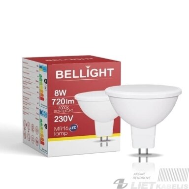 LED lempa 8W, 3000K, 720lm, MR16, 230V, BELLIGHT LED lempa 8W, 3000K, 720lm, MR16, 230V, BELLIGHT