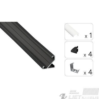 LED profilio komplektas BARDE kampinis, juodas, anoduotas, matinis dangtelis 2.02 m LED profilio komplektas BARDE kampinis, juodas, anoduotas, matinis dangtelis 2.02 m