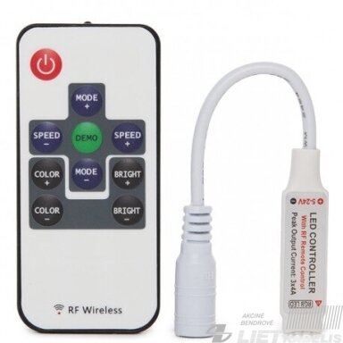 LED RGB juostų valdiklis 12-24Vdc, mini su RF pulteliu