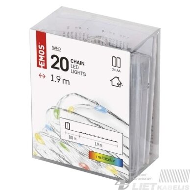 LED girlianda NANO, 3Vac (2xAA), 1.9m, 20 x LED, įvairių spalvų LED, su laikmačiu, EMOS 2 LED girlianda NANO, 3Vac (2xAA), 1.9m, 20 x LED, įvairių spalvų LED, su laikmačiu, EMOS 2