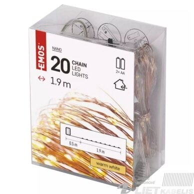 LED girlianda NANO, 3Vac (2xAA), 1.9m, 20 x LED, šiltai balta, su laikmačiu, EMOS 2