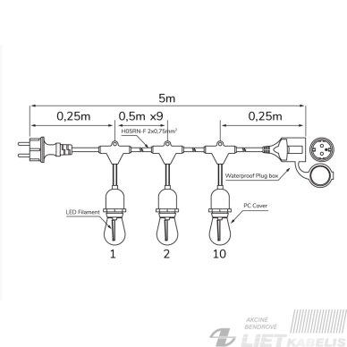 LED girlianda su 10 vnt E27 1W FILAMENT lemputėmis, šiltai balta 2700K, IP65, LEDOM 1