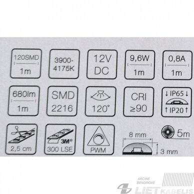 LED juosta 9,6W/m, 680Lm/m, 12V, 4000K, IP65, LEdline 2