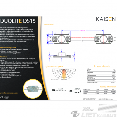 LED juostos modulis DS15 1,5W, 7000K, 150Lm, 12V, IP65, Kaisen(1vnt) 3