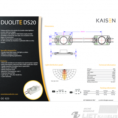 LED juostos modulis DS20 2W, 7000K, 200Lm, 12V, IP65, Kaisen (1vnt) 2
