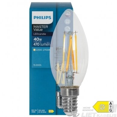 LED lempa filamentinė  3.4W, E14, 2700K, 470lm, dimeriuojama, PHILIPS 1
