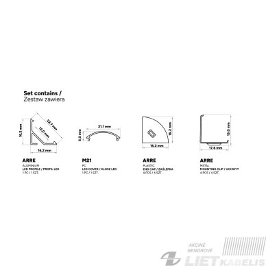 LED profilio komplektas ARRE kampinis, aliuminis, anoduotas, matinis dangtelis 3 m 6