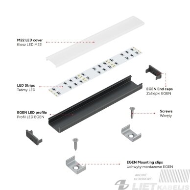 LED profilio komplektas EGEN paviršinis platus, juodas, anoduotas, matinis dangtelis 3 m 4