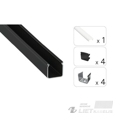 LED profilio komplektas HELSE paviršinis aukštas, juodas, anoduotas, matinis dangtelis 2.02 m LED profilio komplektas HELSE paviršinis aukštas, juodas, anoduotas, matinis dangtelis 2.02 m
