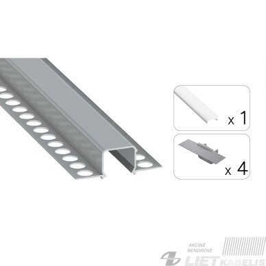 LED profilio komplektas MOSSO priglaistomas siauras, aliuminis, anoduotas, baltas dangtelis 3 m LED profilio komplektas MOSSO priglaistomas siauras, aliuminis, anoduotas, baltas dangtelis 3 m