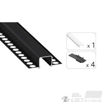 LED profilio komplektas MOSSO priglaistomas siauras, juodas, anoduotas, baltas dangtelis 2.02 m LED profilio komplektas MOSSO priglaistomas siauras, juodas, anoduotas, baltas dangtelis 2.02 m
