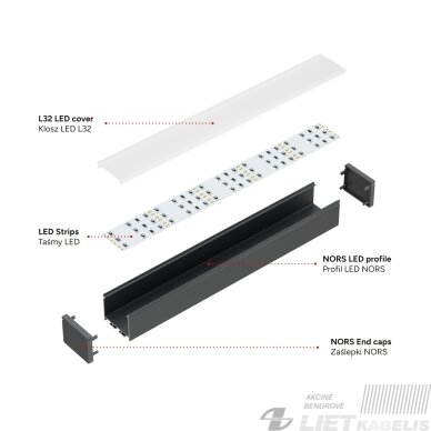 LED profilio komplektas NORS paviršinis/pakabinamas, aliuminis, anoduotas, matinis dangtelis 3 m 5