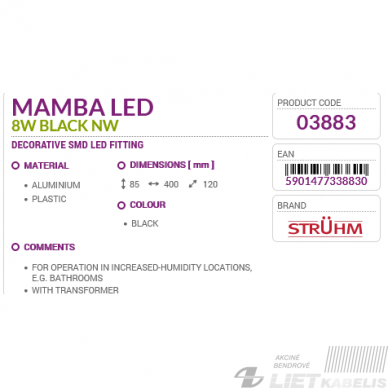 LED šviestuvas MAMBA  8W, 4100K, 950lm, juodas,  IP44,  Struhm 4