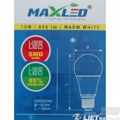 Lempa LED 10W E27 3000K 806 lm, MAX-LED 2