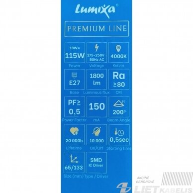 Lempa LED 18W, E27, 4000K, 1800Lm, LUMIXA 2 Lempa LED 18W, E27, 4000K, 1800Lm, LUMIXA 2