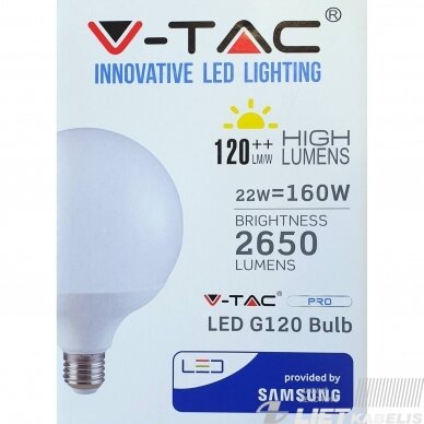 Lempa LED 22W, E27, 3000K, 2650Lm, G120, V-TAC 2