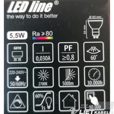 Lempa LED 5.5W, GU10, 550lm, 4000K, dimeriuojama, LEDline 2