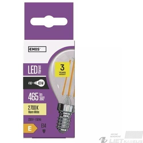LED lempa 4W, 2700K, 465LM, E14, filamentinė, EMOS 1 LED lempa 4W, 2700K, 465LM, E14, filamentinė, EMOS 1