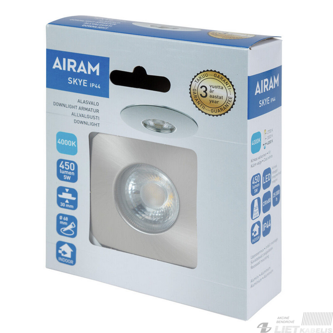LEd šviestuvas  5W, 4000K, 450Lm, apvalus įleidžiamas, nikelis, IP44, AIRAM 1
