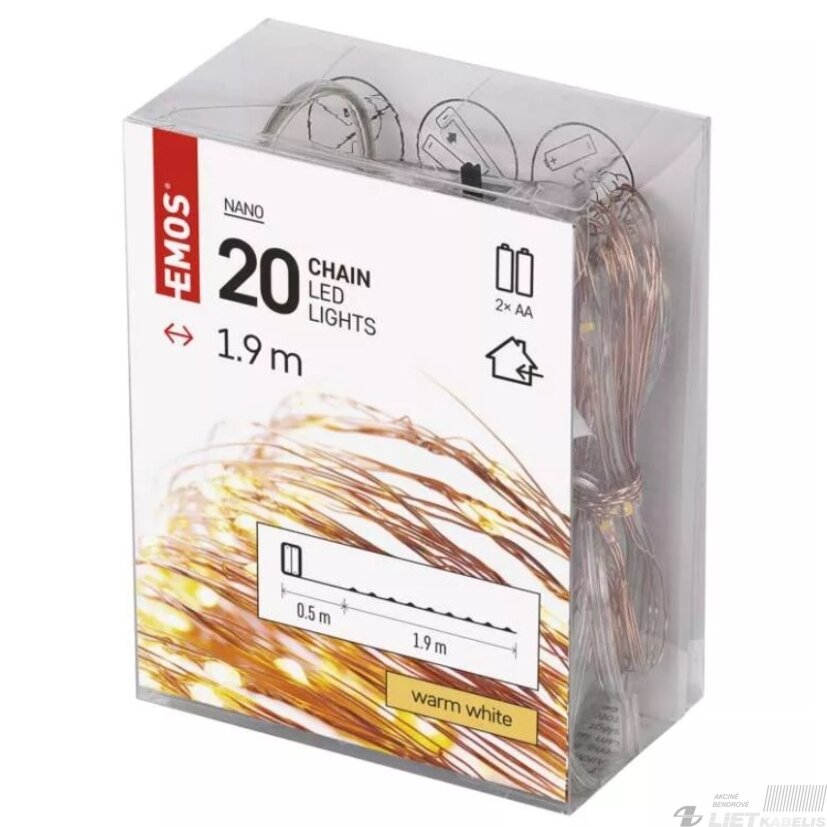 LED girlianda NANO, 3Vac (2xAA), 1.9m, 20 x LED, šiltai balta, su laikmačiu, EMOS 2
