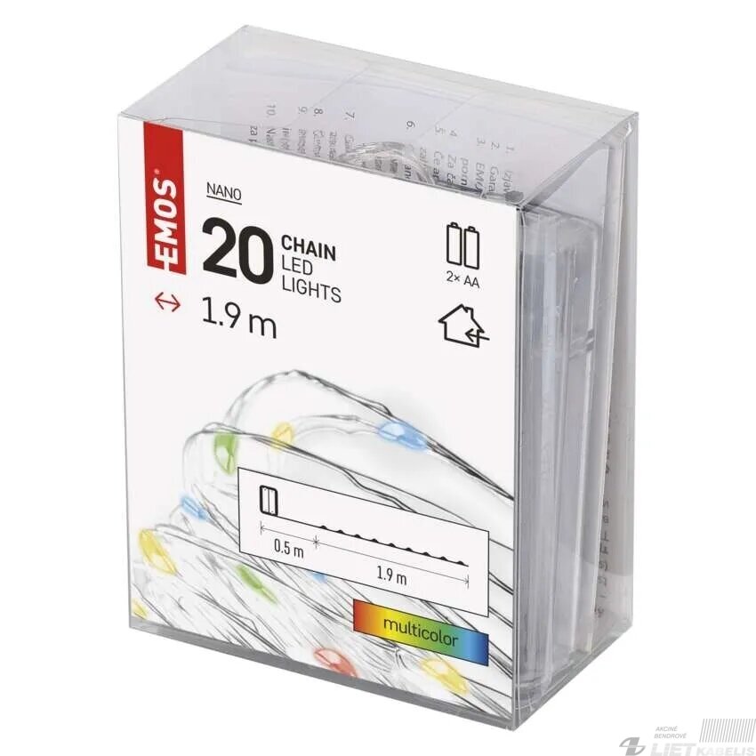 LED girlianda NANO, 3Vac (2xAA), 1.9m, 20 x LED, įvairių spalvų LED, su laikmačiu, EMOS 2