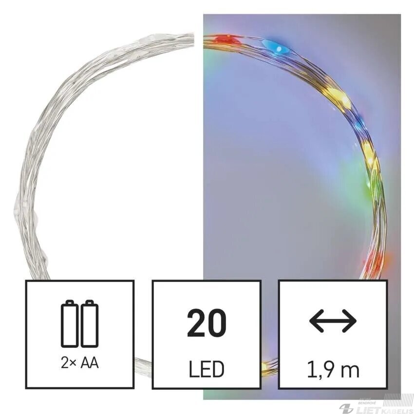 LED girlianda NANO, 3Vac (2xAA), 1.9m, 20 x LED, įvairių spalvų LED, su laikmačiu, EMOS LED girlianda NANO, 3Vac (2xAA), 1.9m, 20 x LED, įvairių spalvų LED, su laikmačiu, EMOS