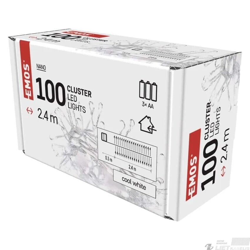 LED girlianda NANO, 4.5Vac (3xAA), 2.4m, 100 x LED, šaltai balta, su laikmačiu, EMOS 1
