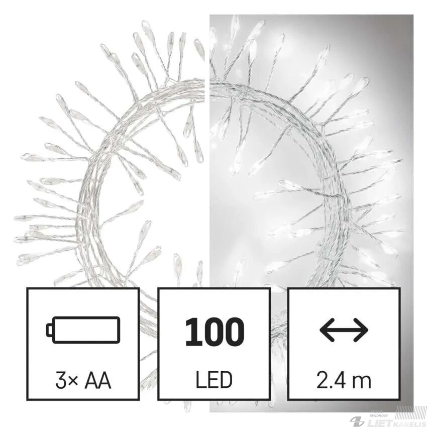 LED girlianda NANO, 4.5Vac (3xAA), 2.4m, 100 x LED, šaltai balta, su laikmačiu, EMOS 2