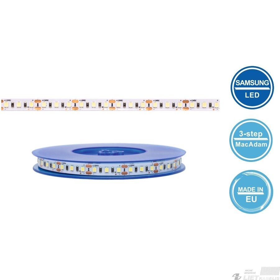 LED juosta 12V 12W/m nehermetiška IP20 šiltai balta 3000K 120LED/m 115lm/W PLUS AKTO