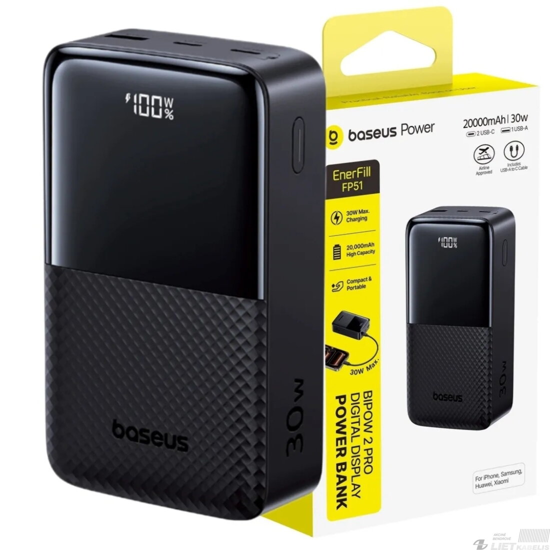 LiPo išorinis akumuliatorius (PowerBank) 20000mAh 30W USB-A, USB-C Bipow2 Pro juodas EnerFill FP51 BASEUS