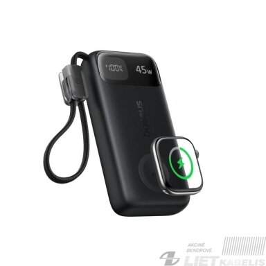 LiPo Išorinis akumuliatorius (PowerBank) 10000mAh 45W su integruotu USB-C kabeliu + bevieliu išmanaus laikrodžio krovikliu EnerFill FT31 BASEUS