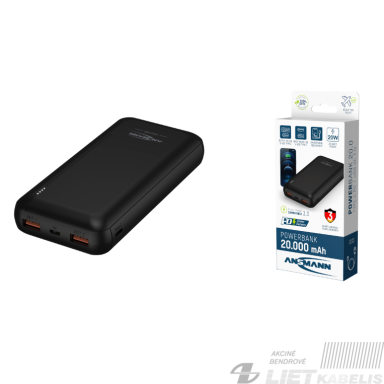 LiPo išorinis akumuliatorius (Powerbank) 20000mAh 20W 2xUSB + USB C QC3.0 PD juodas ANSMANN LiPo išorinis akumuliatorius (Powerbank) 20000mAh 20W 2xUSB + USB C QC3.0 PD juodas ANSMANN
